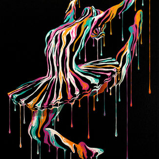 Music In Motion 9.0 painting by Shane Turner. Image of a jumping ballerina soaring through the air wearing a tutu, with her arms stretched back and her leg in the air behind her. Ballerina silhouette made of dripping colorful paint on a black background.
