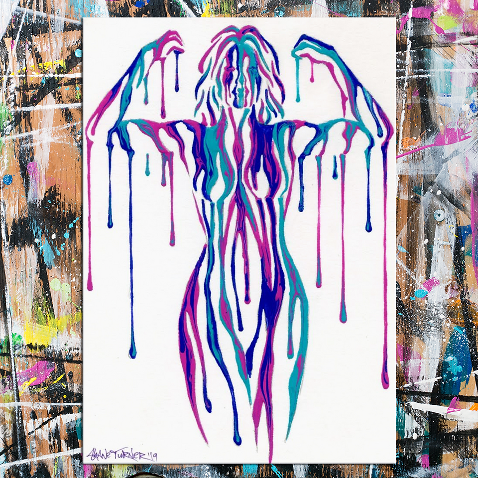 Shane Turner Art painting of Psychameleon Mini (Strength) Acrylic Paint on A6 postcard (10.5cm x14.8cm) From the recent ArtonaPostcard auction. Woman made of dripping paint flexing her muscles. Female fitness portrait.