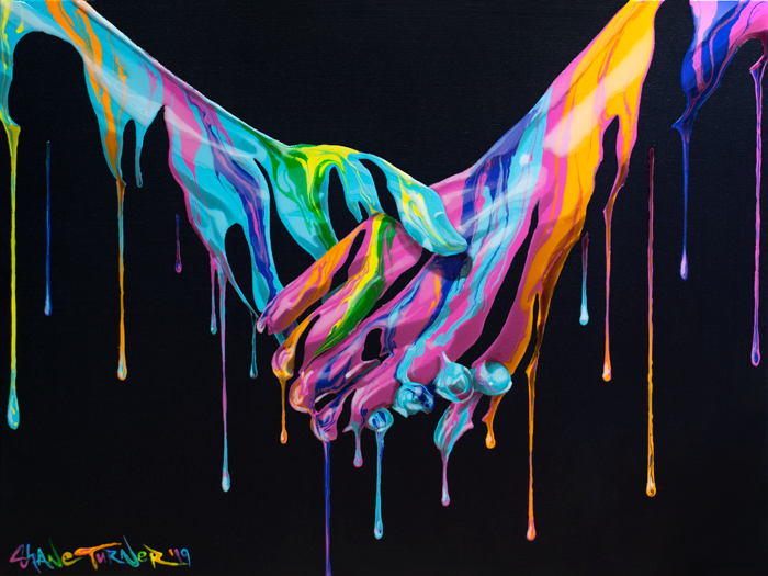 Take My Hand by Shane Turner. Pop art colorful acrylic painting of dripping lovers' holding hands. Painting is of just holding hands made out of negative space and neon paint drips.