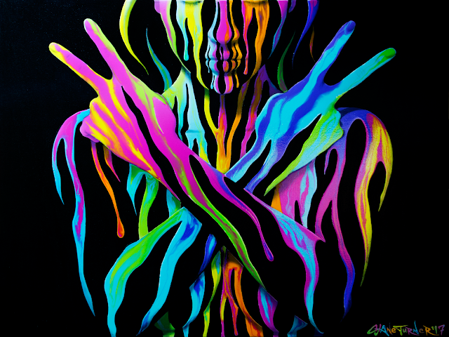 Waiting on the World to Change by Shane Turner. Painting of woman with eyes closed holding up two peace signs. Dripping colorful paint on black background.