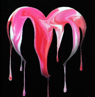 Valentine's Heart painting by Shane Turner. Red white and pink dripping paint on invisible heart. Black background love painting.