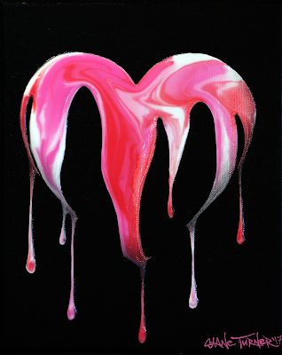 Valentine's Heart painting by Shane Turner. Red white and pink dripping paint on invisible heart. Black background love painting.