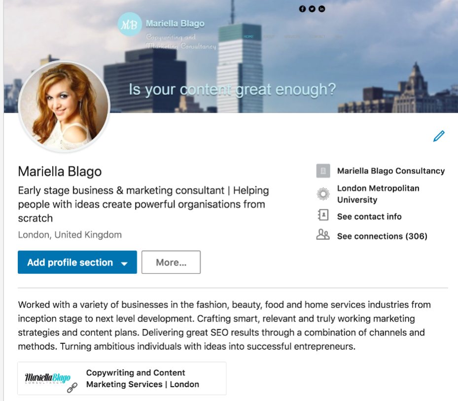 Mariella Blago LinkedIn profile