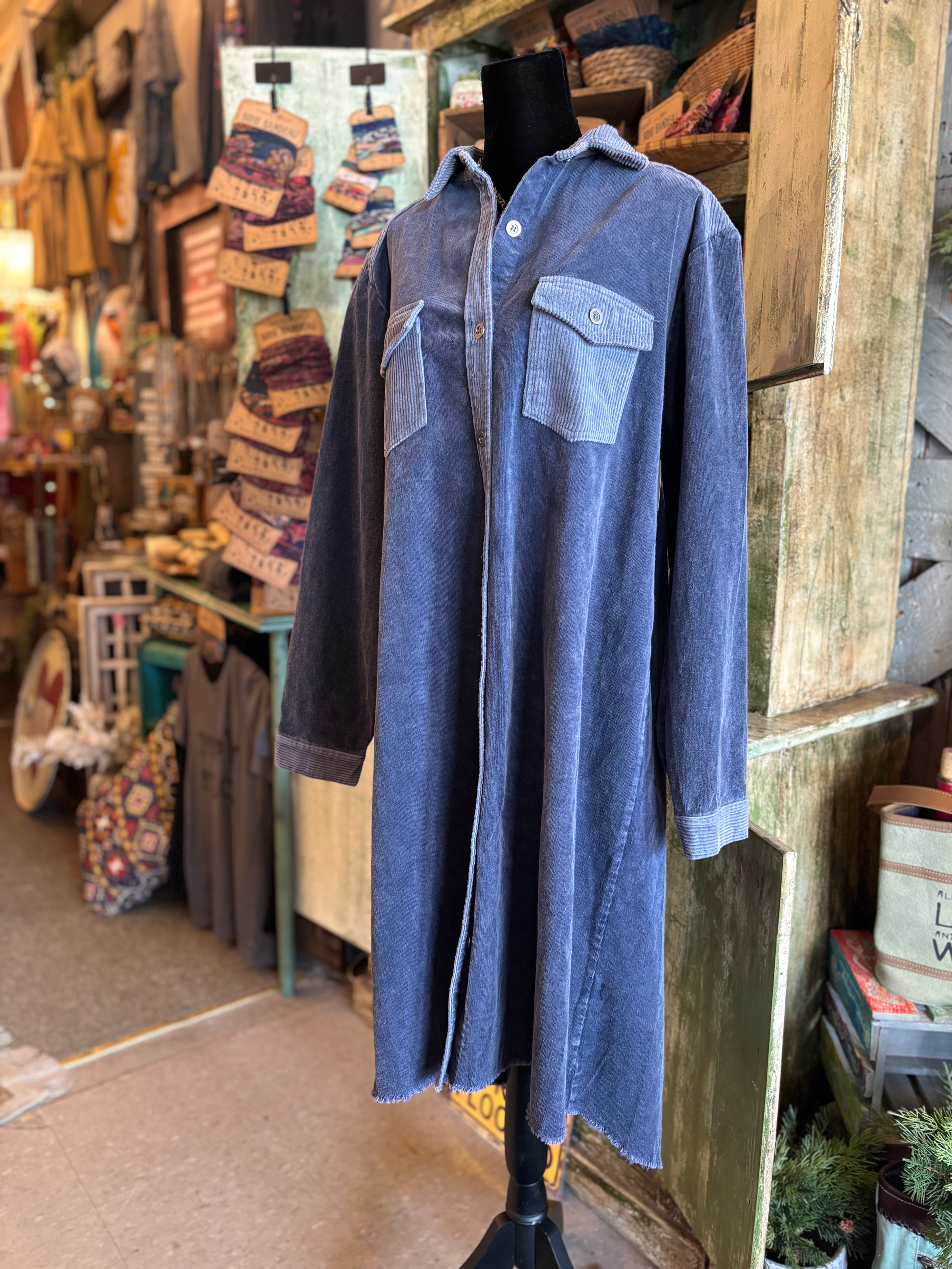 Dusty Blue Corduroy Shirt Dress Jacket