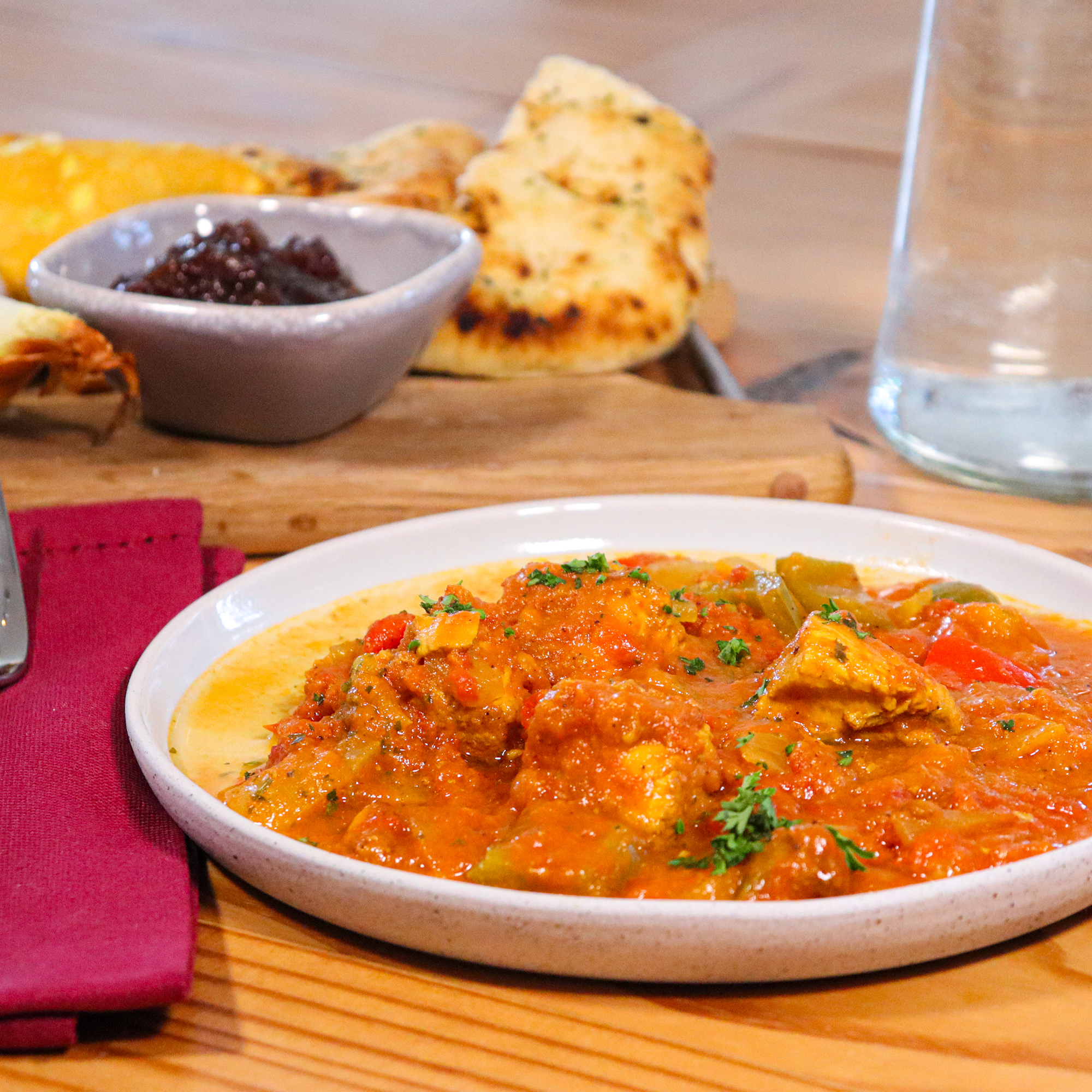 Close-up of chicken jalfrezi in a spiced tomato sauce