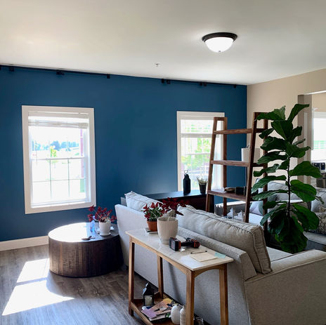 Living room with miscellaneous items and blue accent wall. 