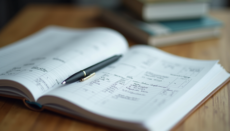 Eye-level view of a neatly organized ledger book with handwritten financial entries