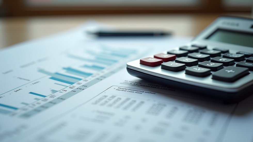 Close-up view of a calculator and financial statement