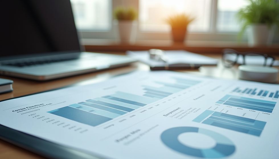 Financial reports including a Profit & Loss Statement, Balance Sheet, and Cash Flow Statement on an office desk.