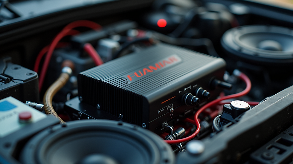 High angle view of car audio amplifier and speaker components