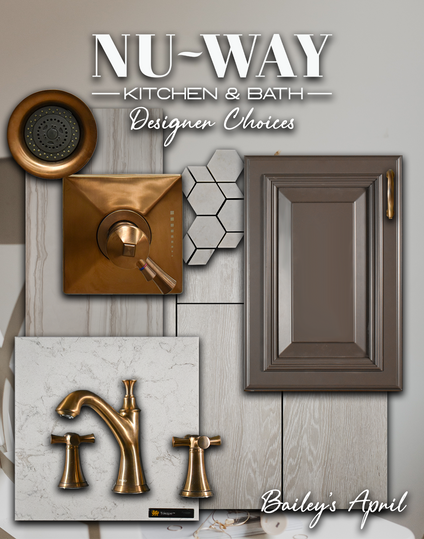 white and bronze theme mood board of bathroom materials including shower head countertop white quartz shower tile faucet wall tile floor tile brown cabinets and pulls