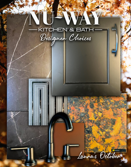 autumn fall theme mood board of bathroom materials including countertop orange quartz black backsplash accent tile faucet floor tile cabinets and pulls