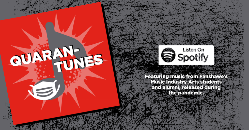 Quaran-tunes playlist cover art on grey background with Listen on Spotify