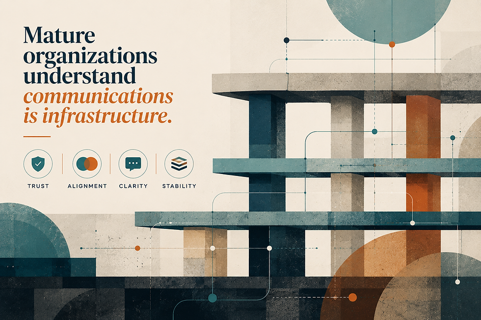 Minimalist editorial illustration featuring layered architectural structures and interconnected support systems. Large serif text reads “Mature organizations understand communications is infrastructure.” Supporting icons and words represent trust, alignment, clarity, and stability. The abstract design uses structural beams, connected pathways, and geometric forms in teal, navy, orange, and cream tones to symbolize communications as foundational organizational infrastructure.