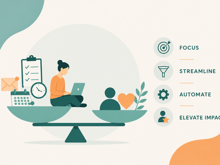 Illustration of a person using a laptop balanced with workflow tools, representing focus, streamlining, automation, and elevating impact in modern work.