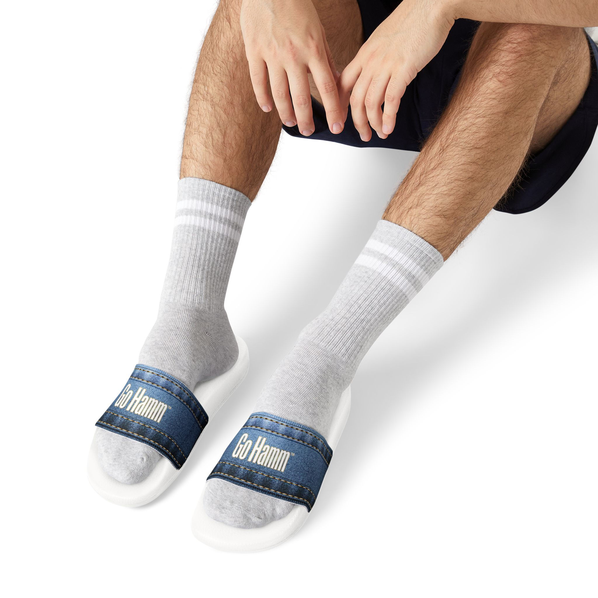 Go Hamm Denim-Stripe Removable-Strap Men's Slide Sandals —Pool & Summer Footwear