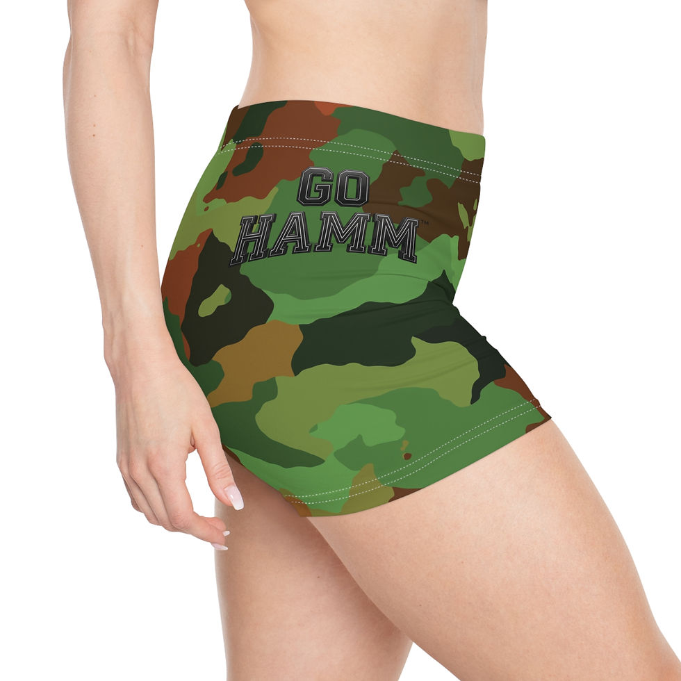 Thumbnail: Camo "Go Hamm" Women’s Shorts — Stretchy AOP Activewear
