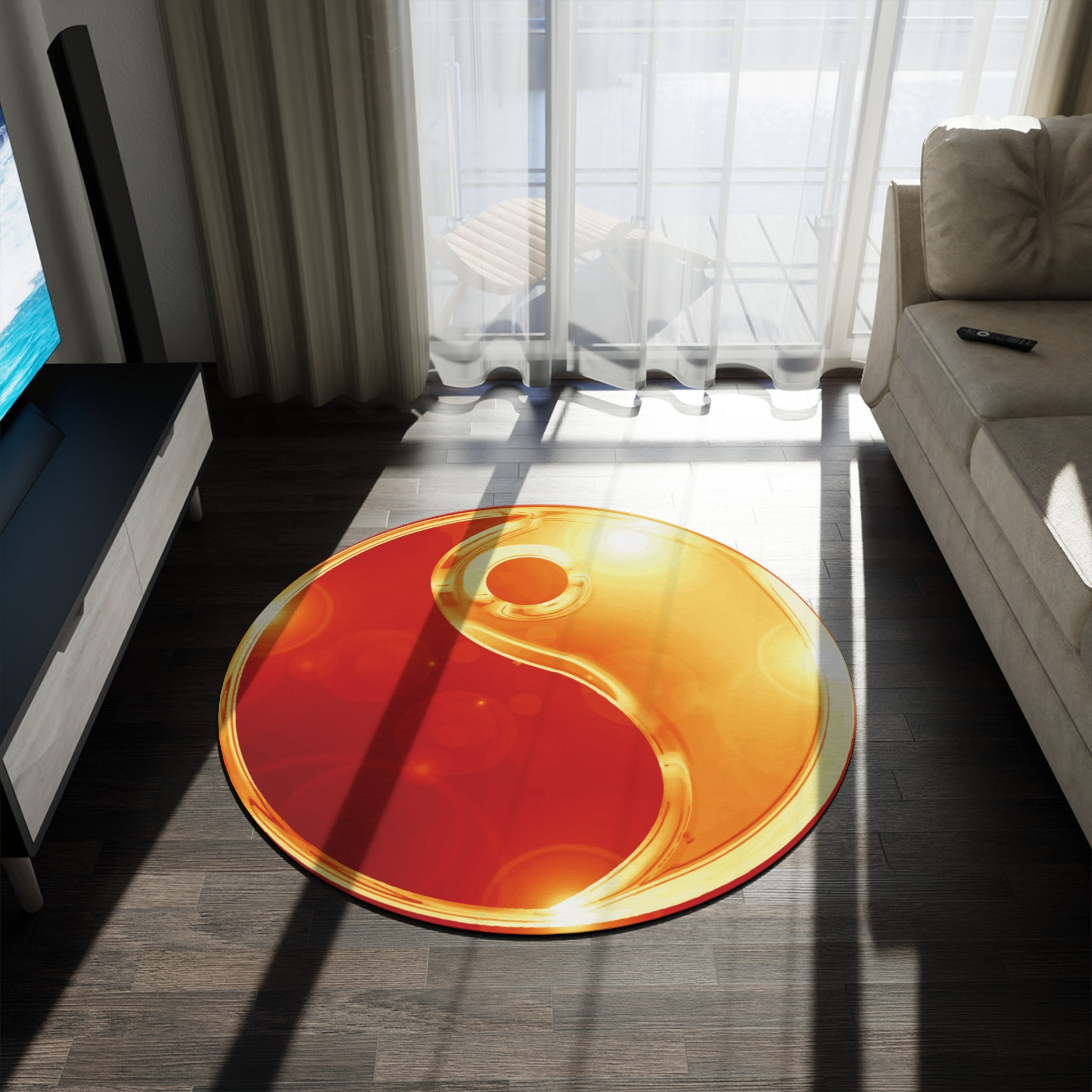 Golden Yin Yang Round Rug — Feng Shui Sun & Moon Warm Meditation Floor Mat