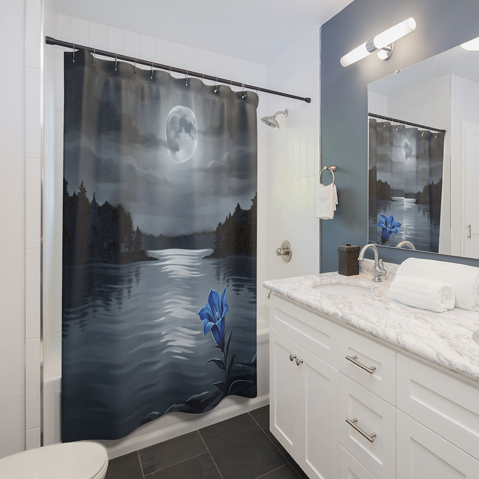 Thumbnail: Moonlit Lake Shower Curtain — Nighttime Romantic Bathroom Decor with Blue Lily
