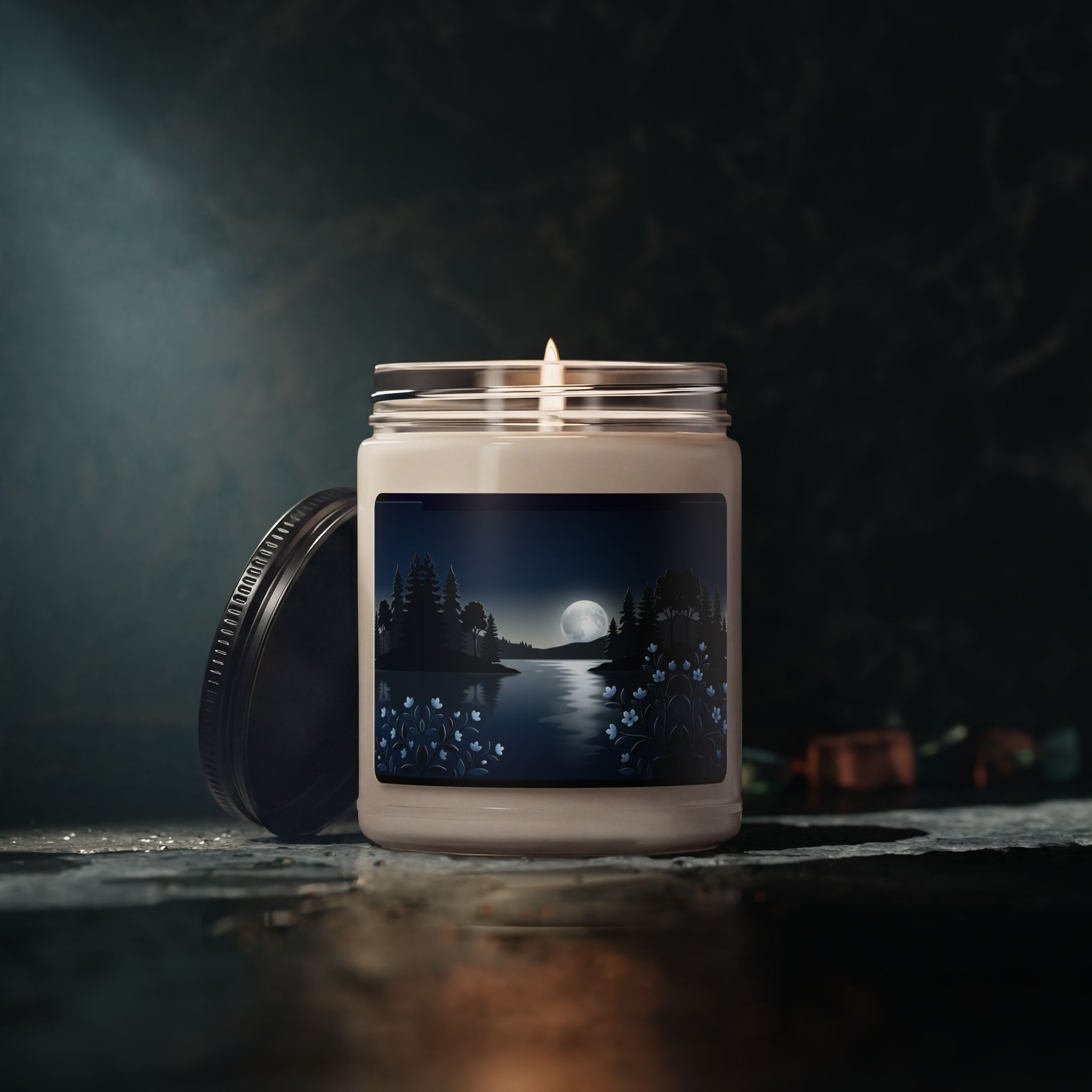 Moonlit Lakeside Soy Candle — 9oz Scented Jar (Calming Nightscape)
