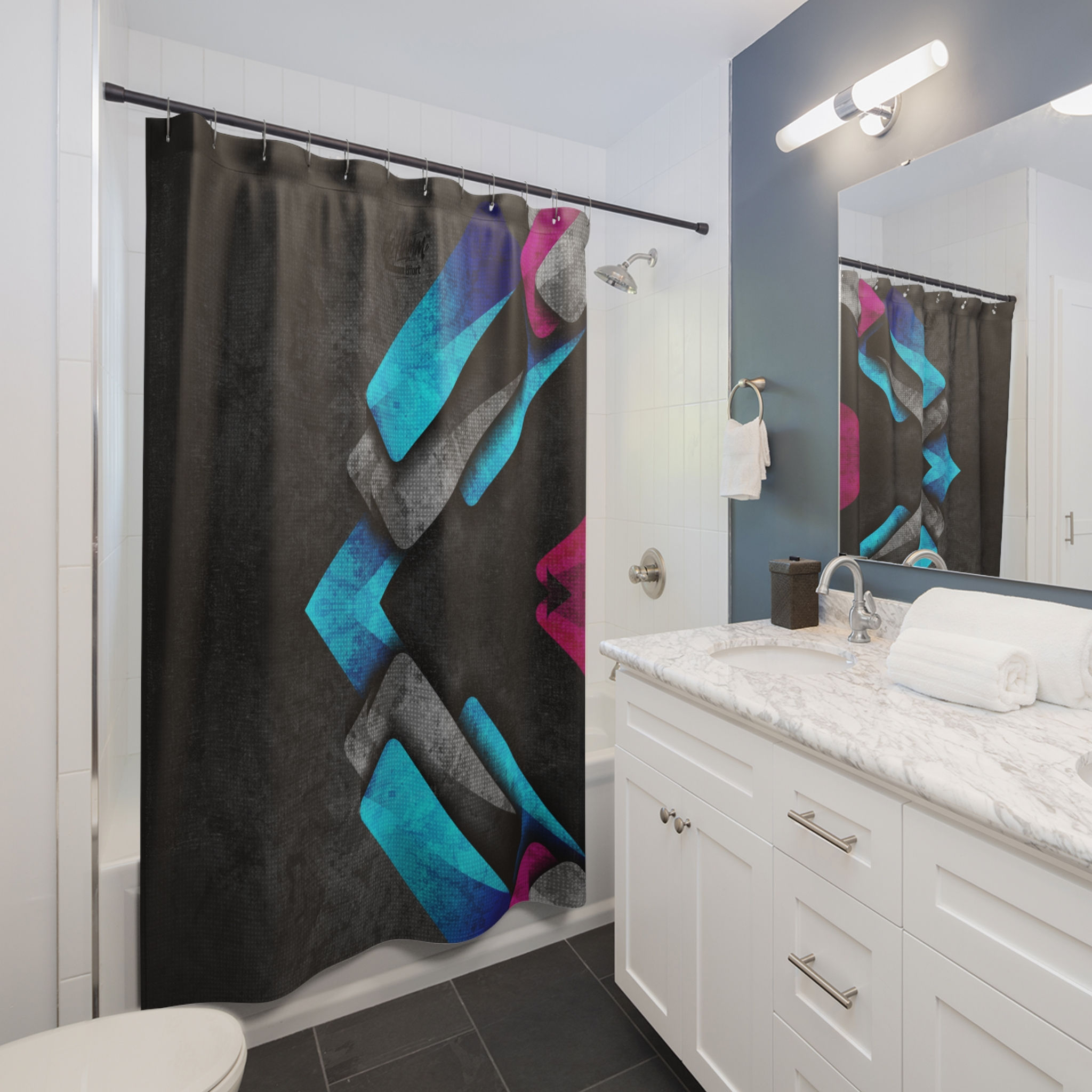 Geometric Neon Tiles Shower Curtain — Modern Blue & Magenta Abstract Bath Decor