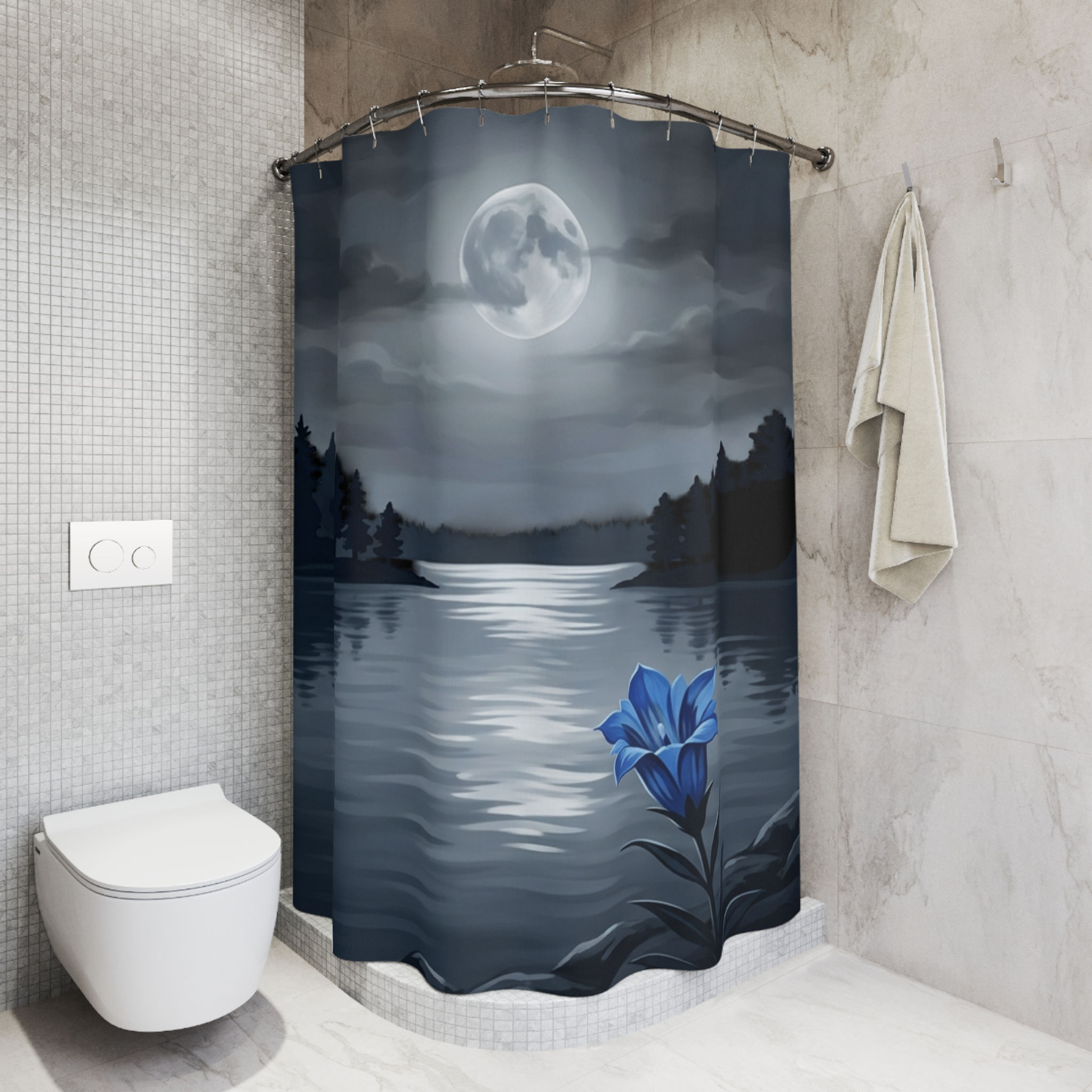 Moonlit Lake Shower Curtain — Nighttime Romantic Bathroom Decor with Blue Lily
