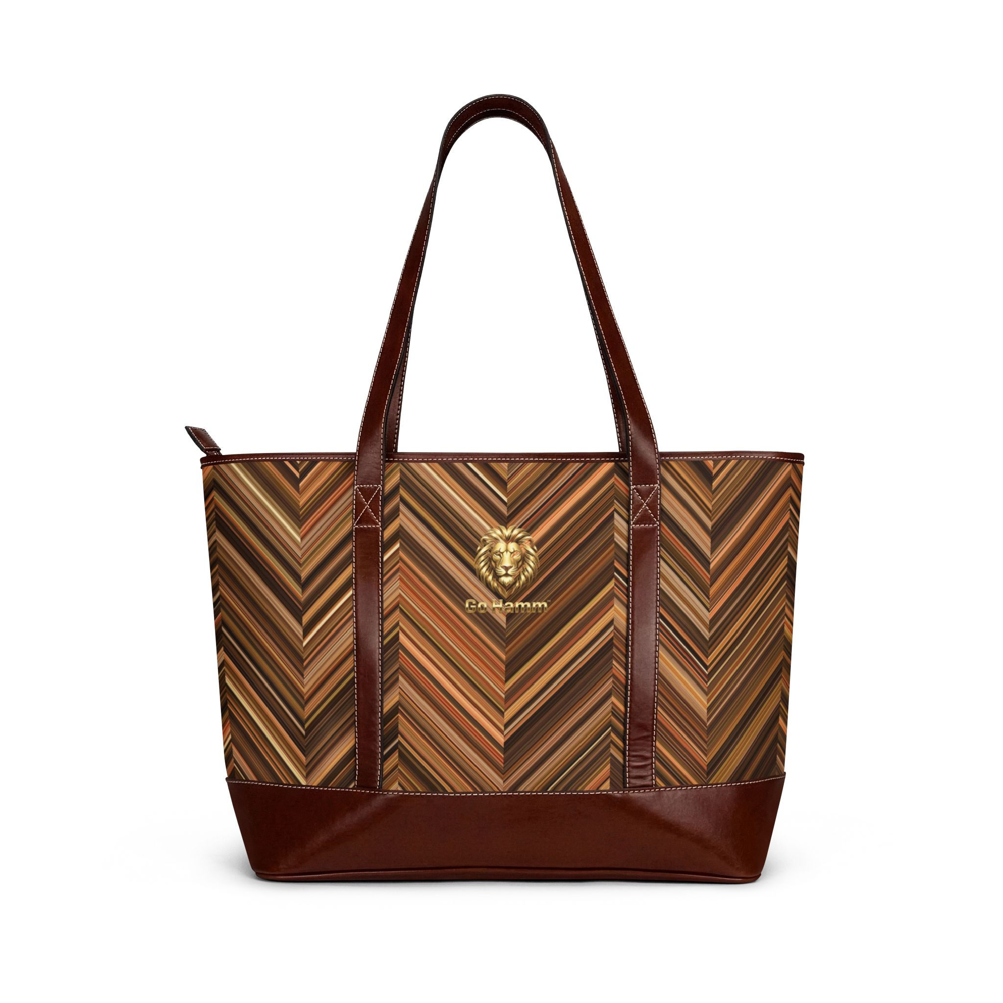 Chevron Leather Tote Handbag — Luxe Brown Lion Crest Pattern