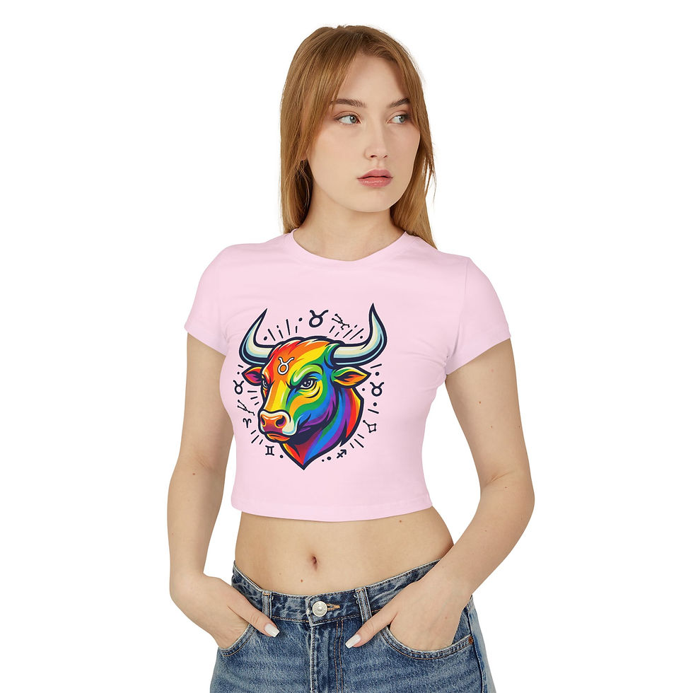 Thumbnail: Taurus Bull Baby Tee — Rainbow Zodiac Crop Top with 'REBEL' Backprint