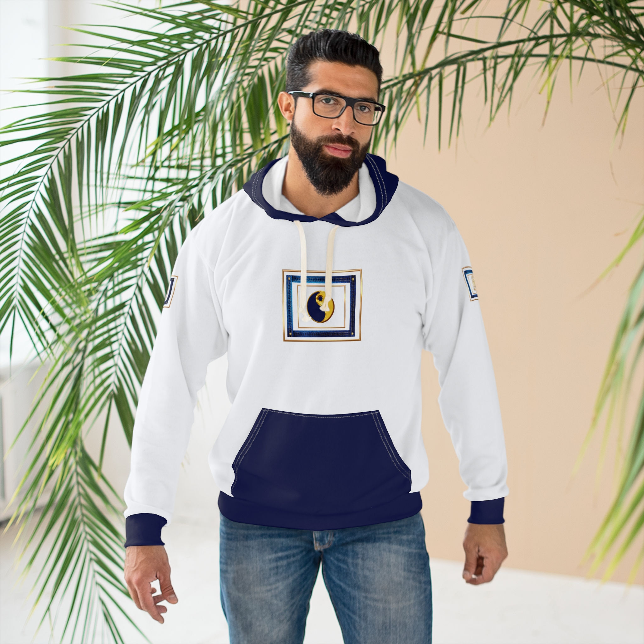 Yin Yang Neon Patch Hoodie — Bright White & Navy Pullover