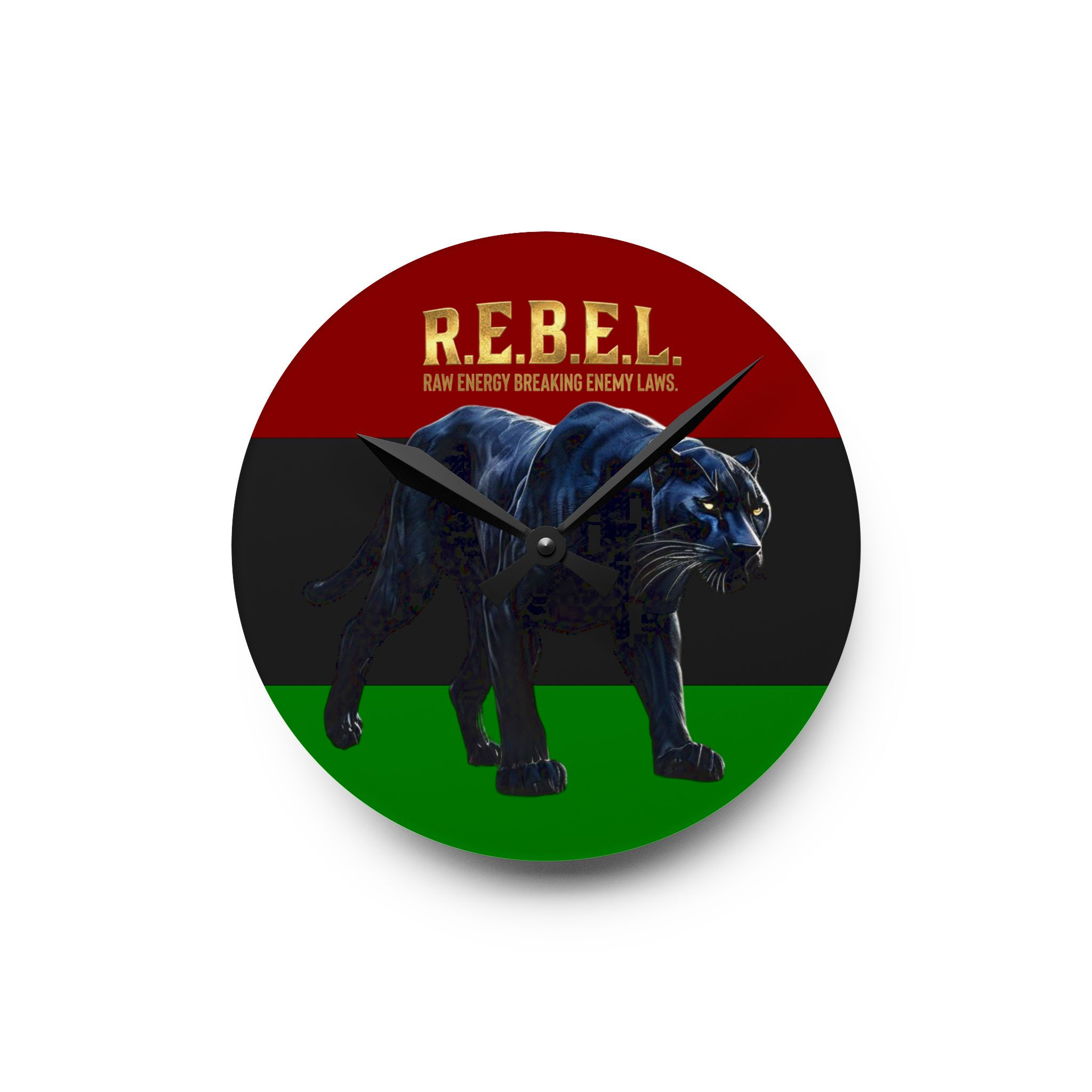 Black Panther 'R.E.B.E.L.' Acrylic Wall Clock — Go Hamm Raw Energy Design