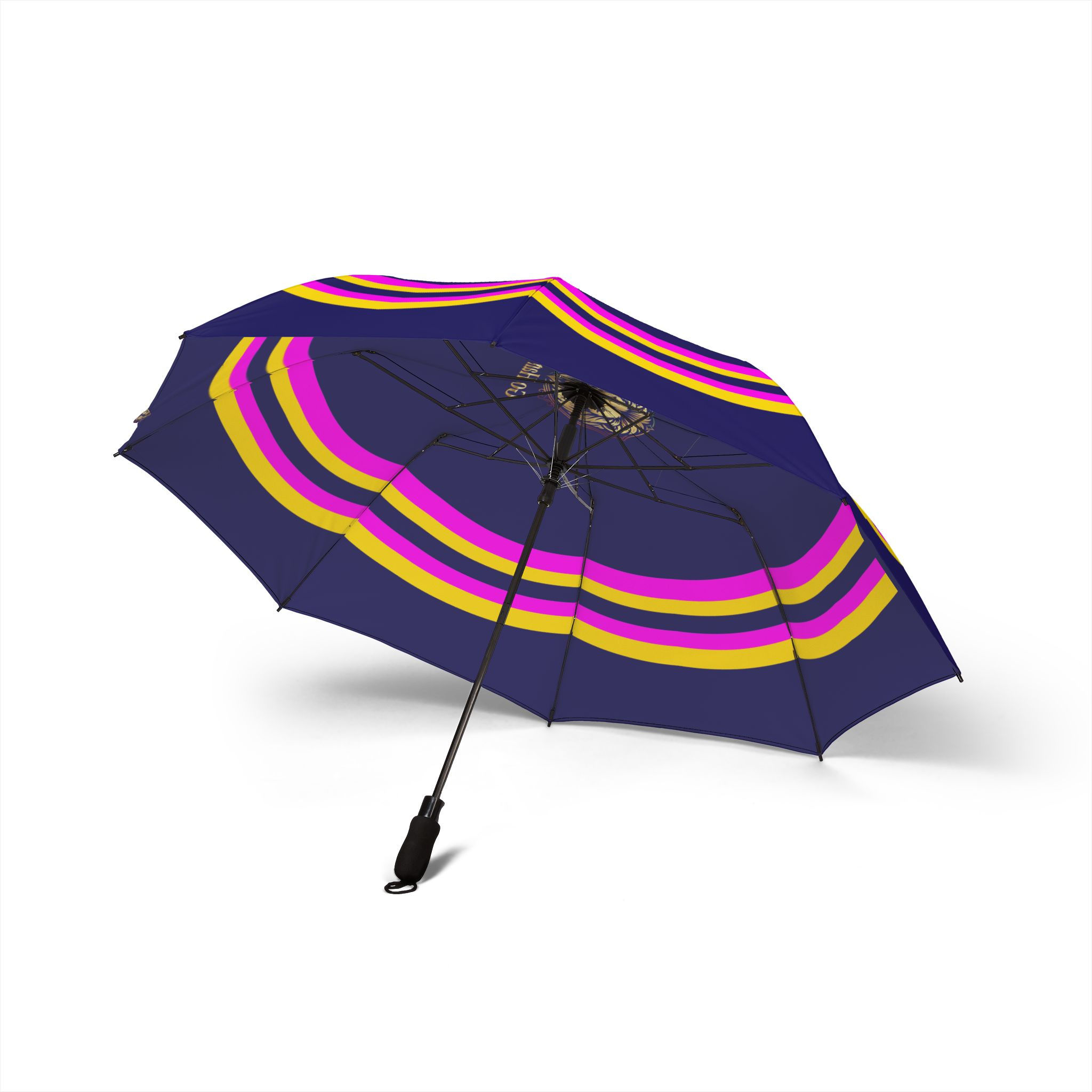 Foldable Umbrella — Navy with Pink & Yellow Stripes and Crest