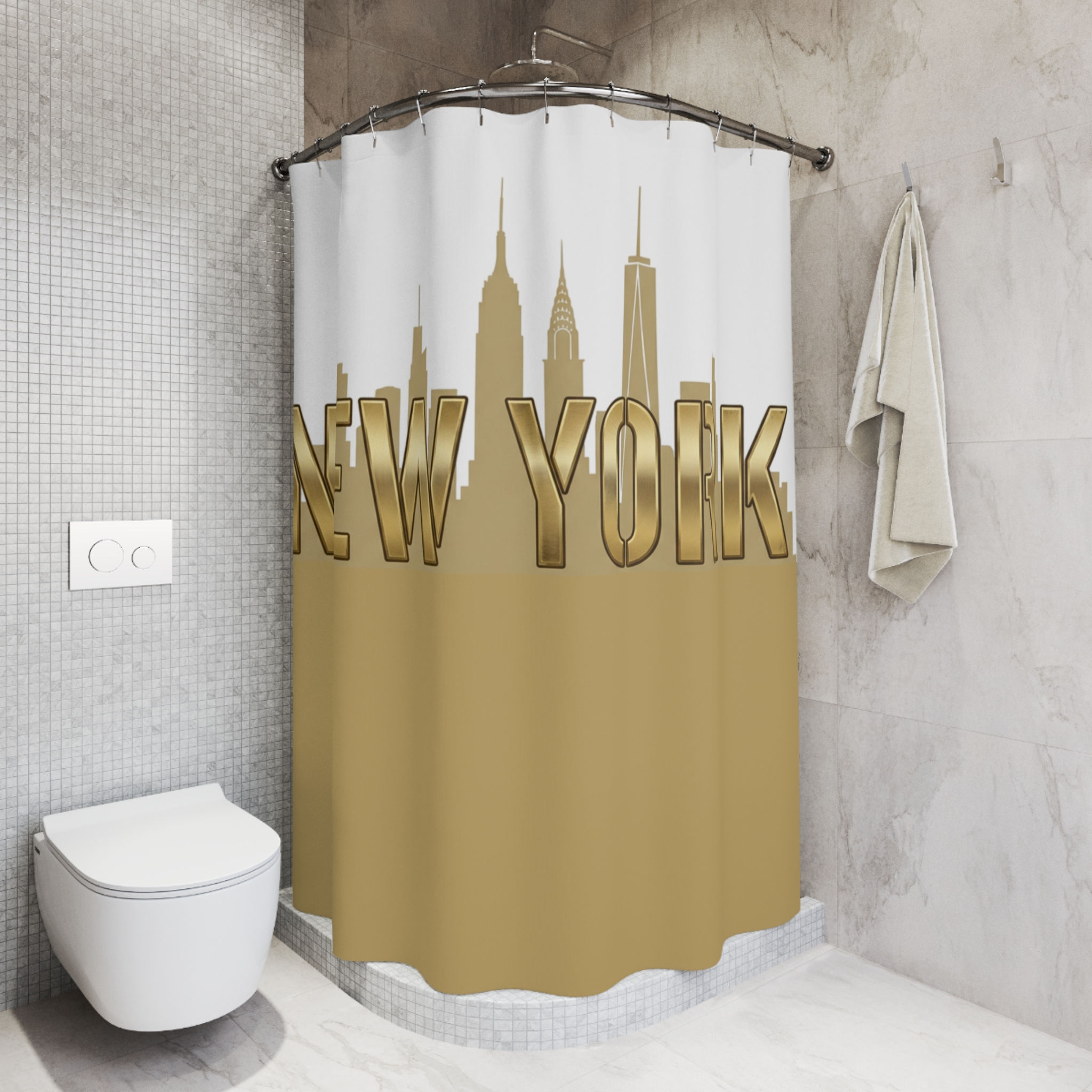 New York Gold Skyline Shower Curtain — Metallic Cityscape Bathroom Decor