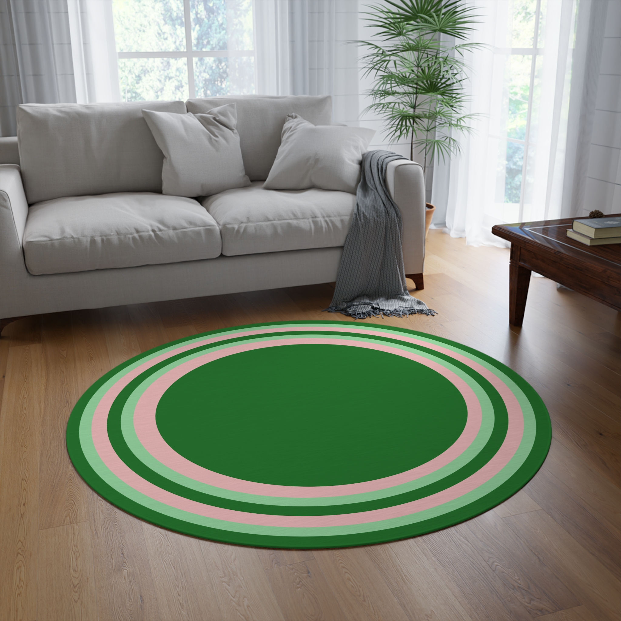 Green & Pink Striped Round Rug
