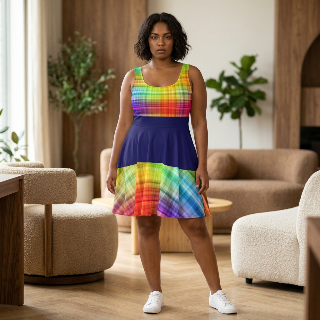 Rainbow Plaid Skater Dress — Colorful Women’s Fit-and-Flare