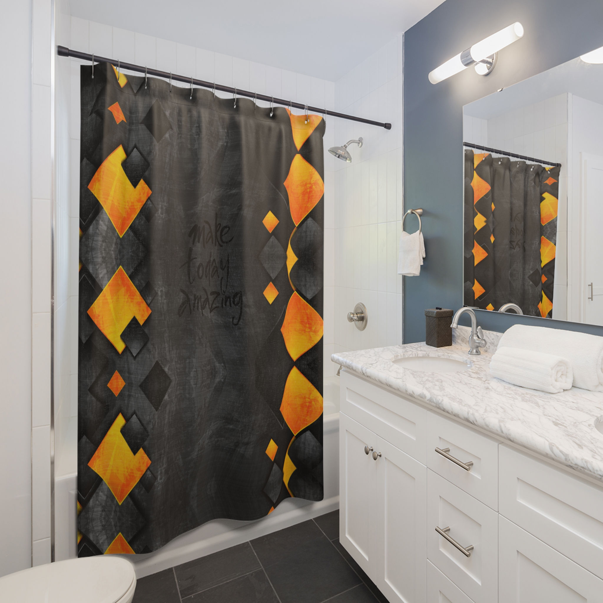Glow Shower Curtain —'Make Today Amazing' Black & Orange Bathroom Decor