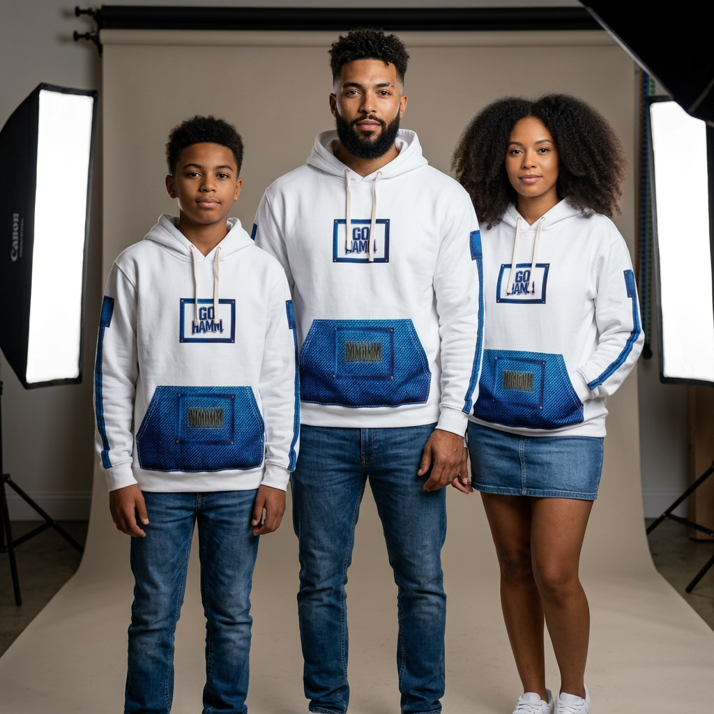 Go Hamm Denimmhmm Patch Hoodie – White Pullover with Blue Jean Pocket Design