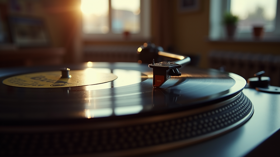 Eye-level view of a vintage vinyl record player spinning a Queen album
