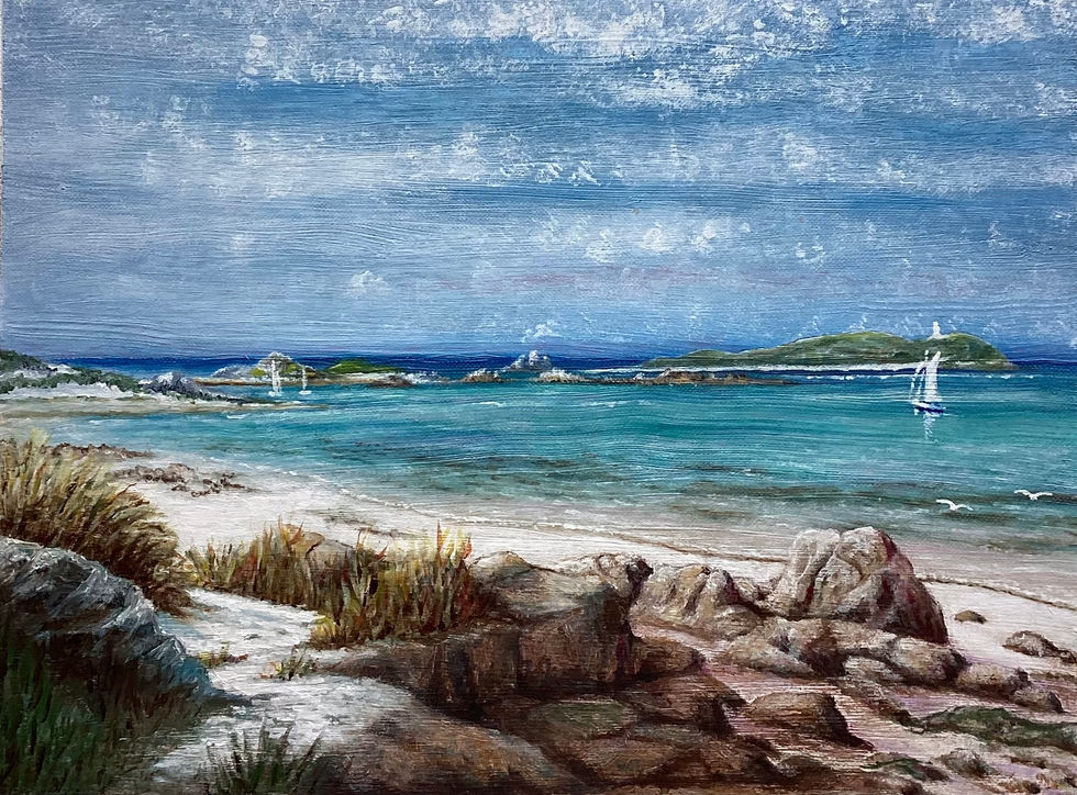 Serene Scilly sailboats beaches calm sea painting
