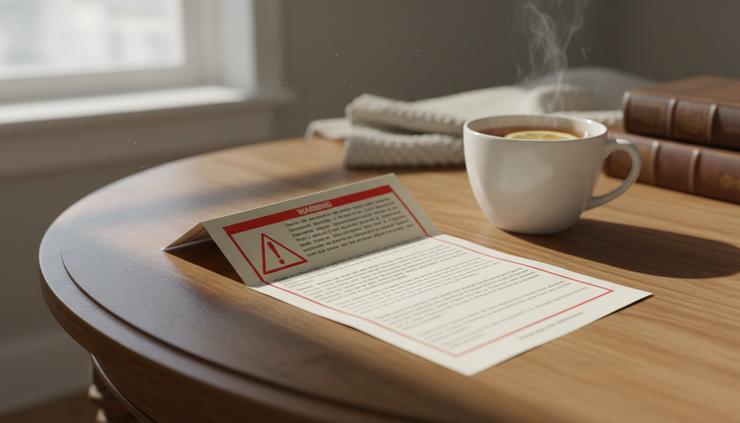 Close-up view of a medication guide beside a cup of tea on a wooden table.