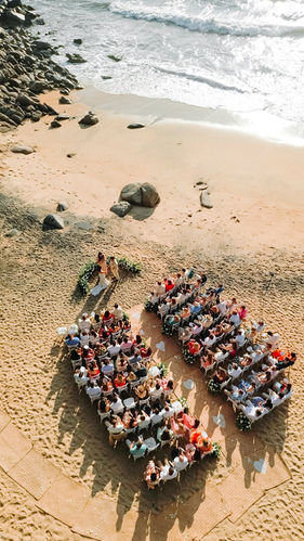 Beach wedding ceremony: guests seated, couple exchanging vows.