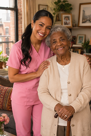 CAREGIVER WITH grandma in her home in queens / bronx