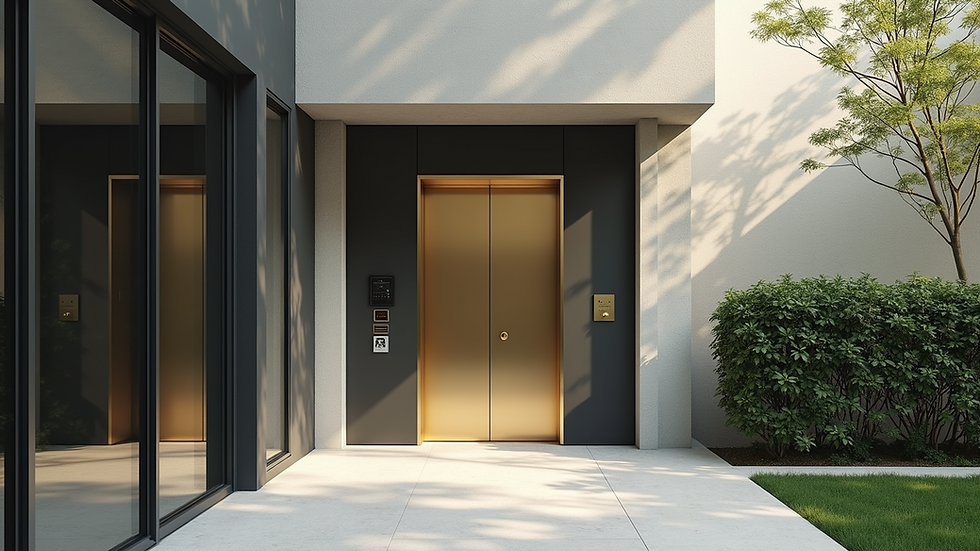 Wide angle view of a stylish outdoor lift blending with modern architecture