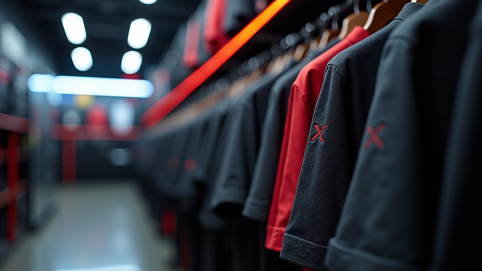 Eye-level view of a clothing rack displaying exclusive gaming merchandise