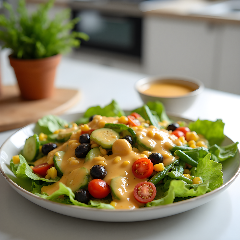 Ein gemischter Salat mit einem Thousand-Island-Dressing auf Joghurtbasis.