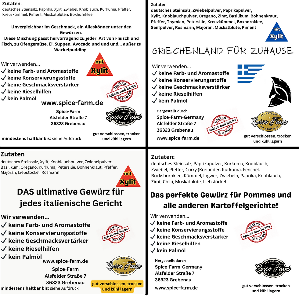 Ansicht Rückseite der verschiedenen im Probierset enthaltenen Gewürzmischungen mit Xylit