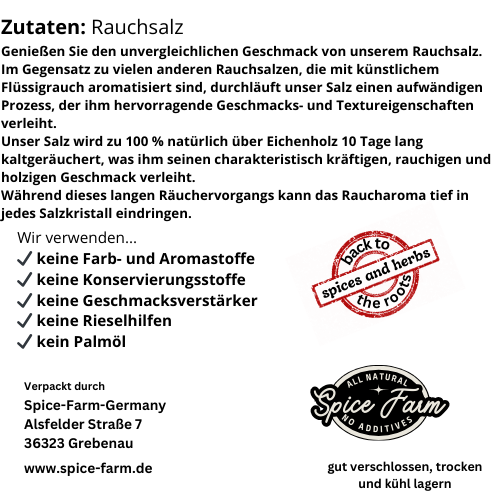 Rauchsalz, geröstet über Eichenholz -Label der Rückseite