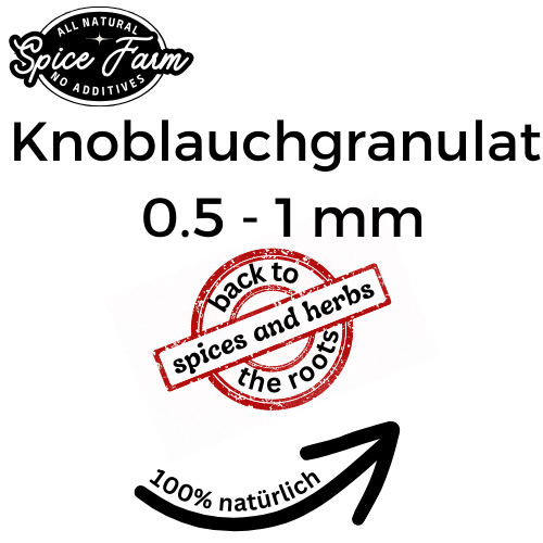 getrockneter und gemahlener Knoblauch ohne Zusätze. Ansicht Lable Vorderseite