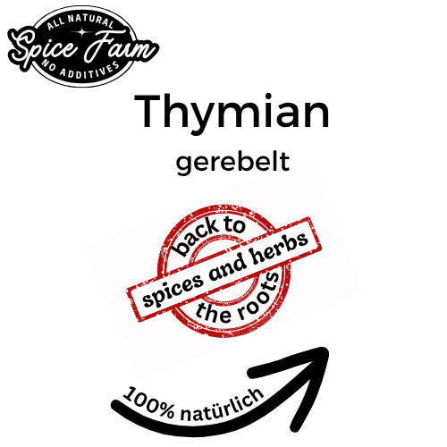 Thymian aus natürlichem Anbau. Getrocknet und gerebelt. Ansicht Vorderseite
