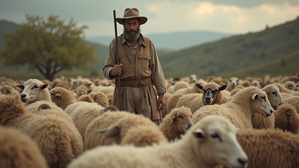 Eye-level view of a traditional shepherd with his flock