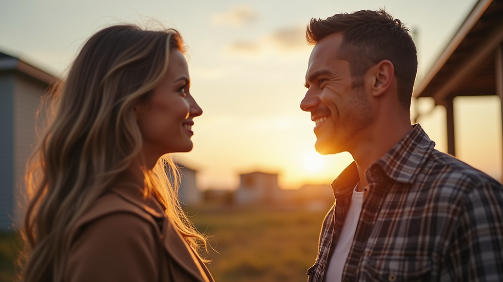Eye-level view of a couple discussing their home buying journey